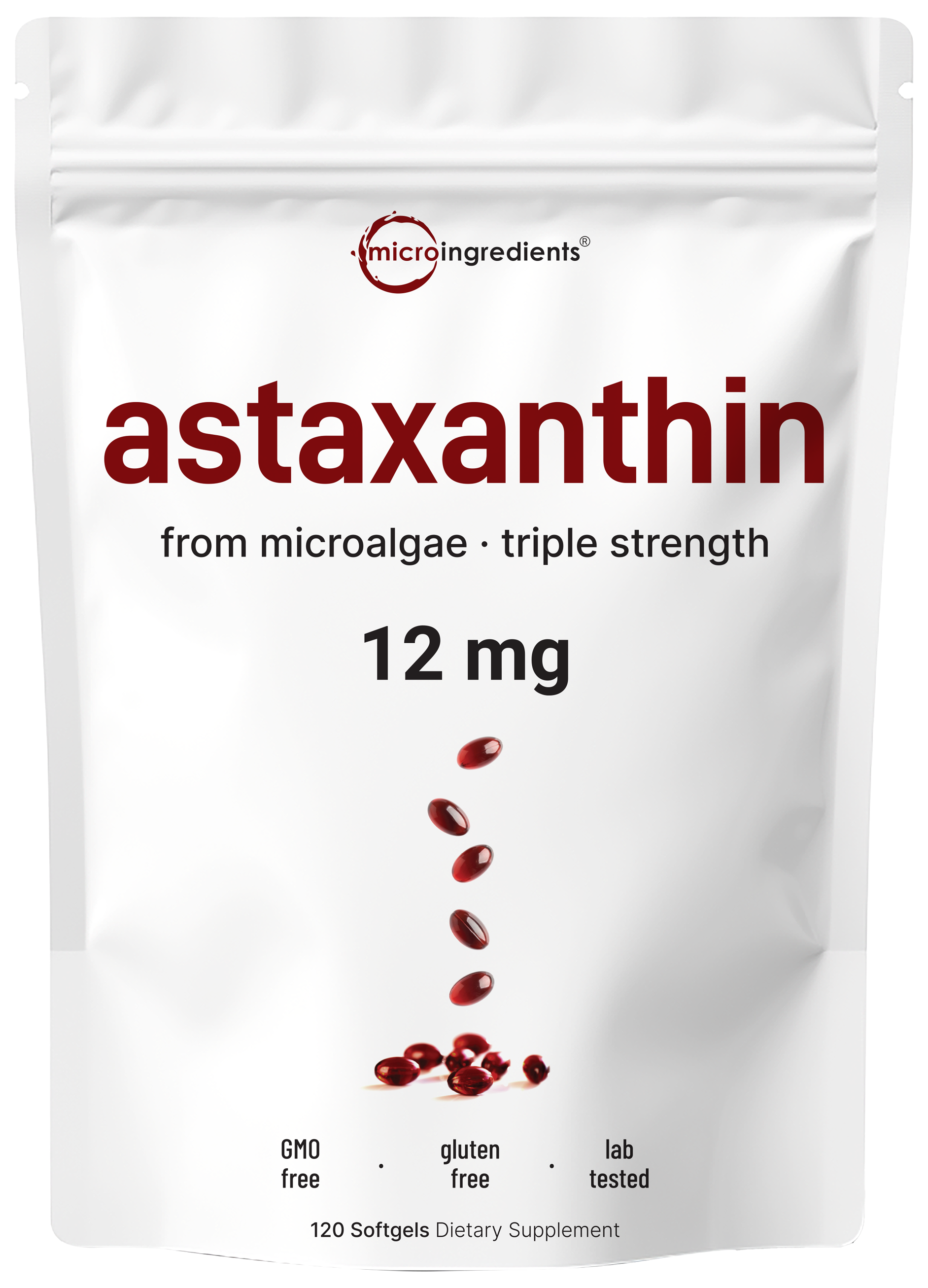 Micro Ingredients Astaxanthin 12mg, 120 softgels, tanning pills, Strength Carotenoids Skin Supplement w. 100% Natural Astaxanthin from MicroAlgae