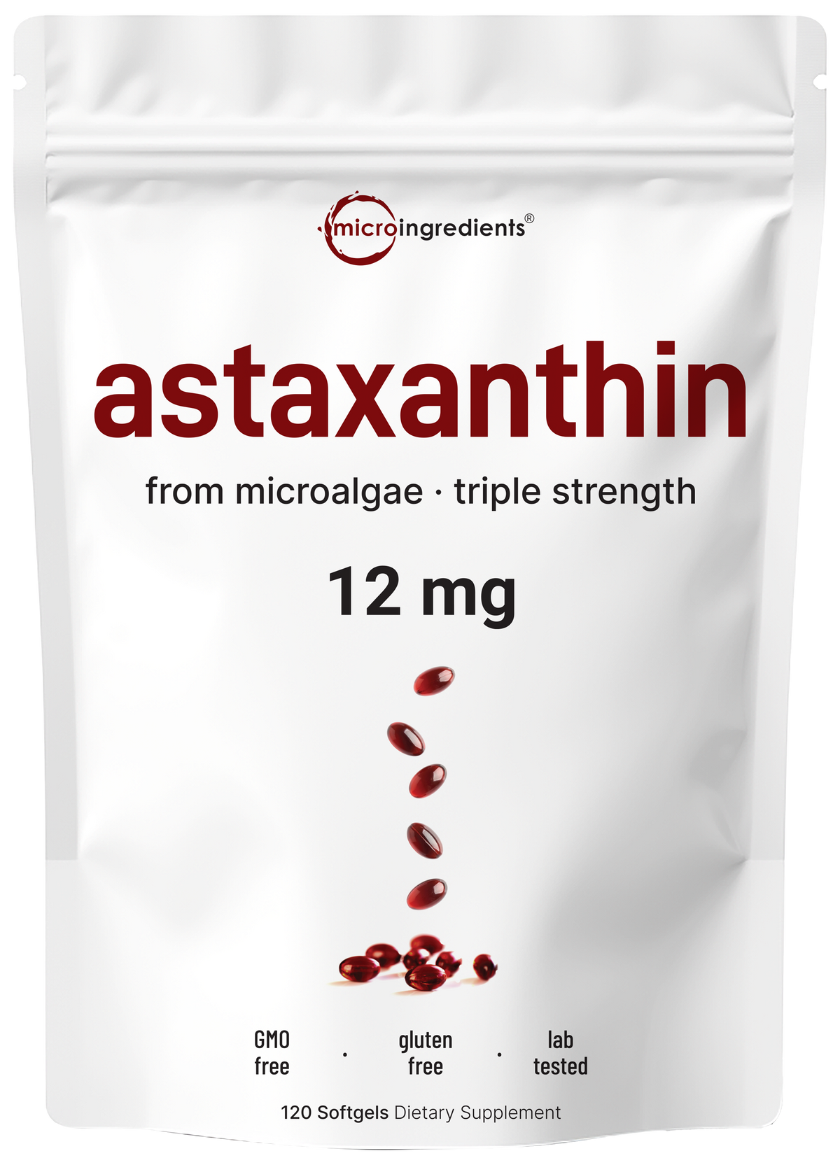 Micro Ingredients Astaxanthin 12mg, 120 softgels, tanning pills, Strength Carotenoids Skin Supplement w. 100% Natural Astaxanthin from MicroAlgae