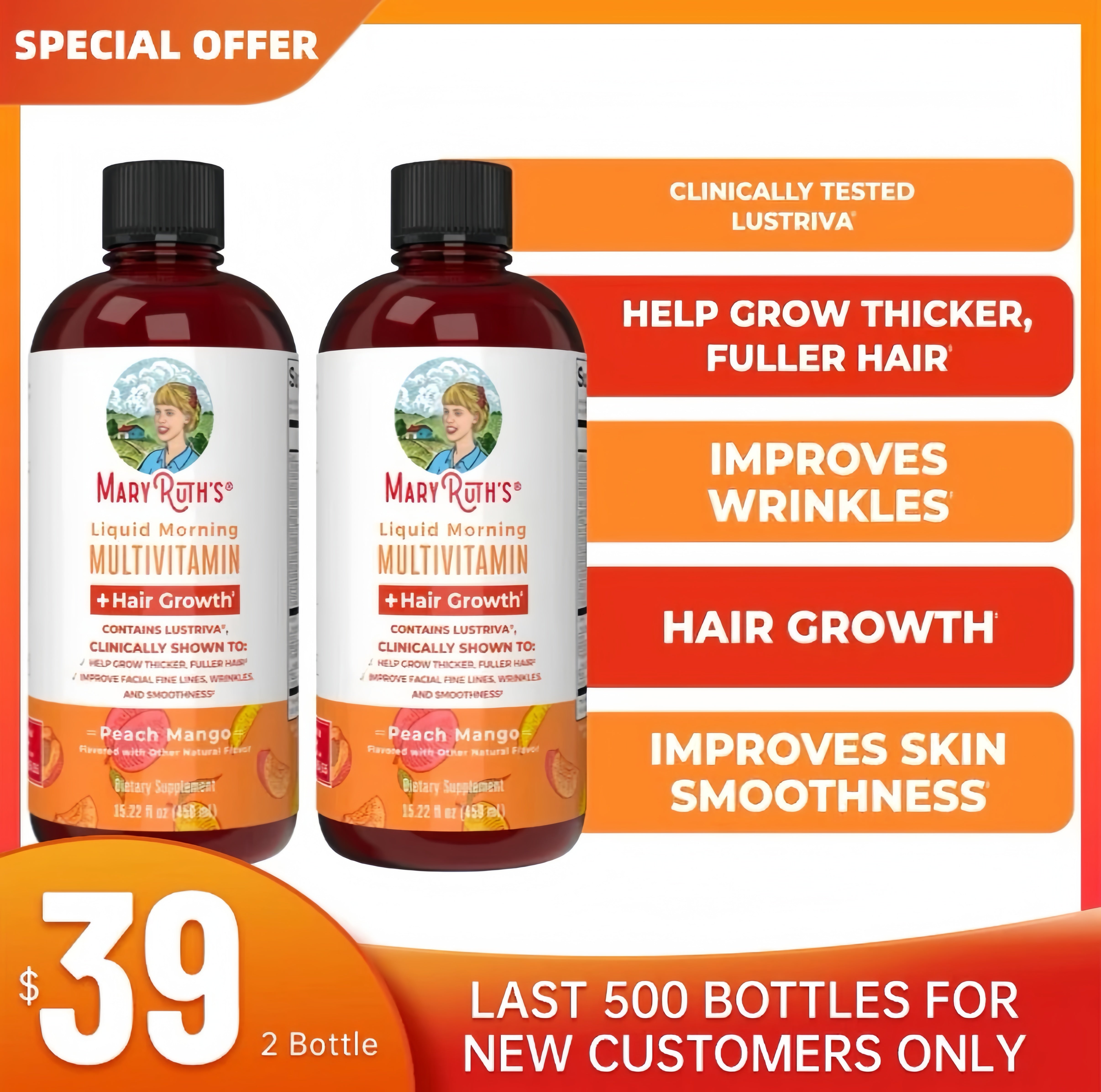 MaryRuth's Morning Multivitamin + Hair Growth,450ml Mango(New User Offer)