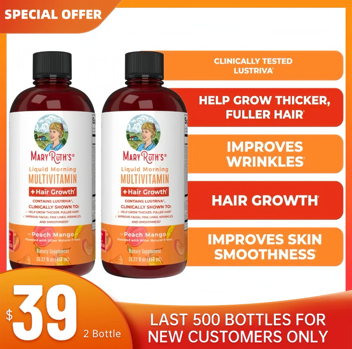 MaryRuth's Morning Multivitamin + Hair Growth,450ml Mango(New User Offer)