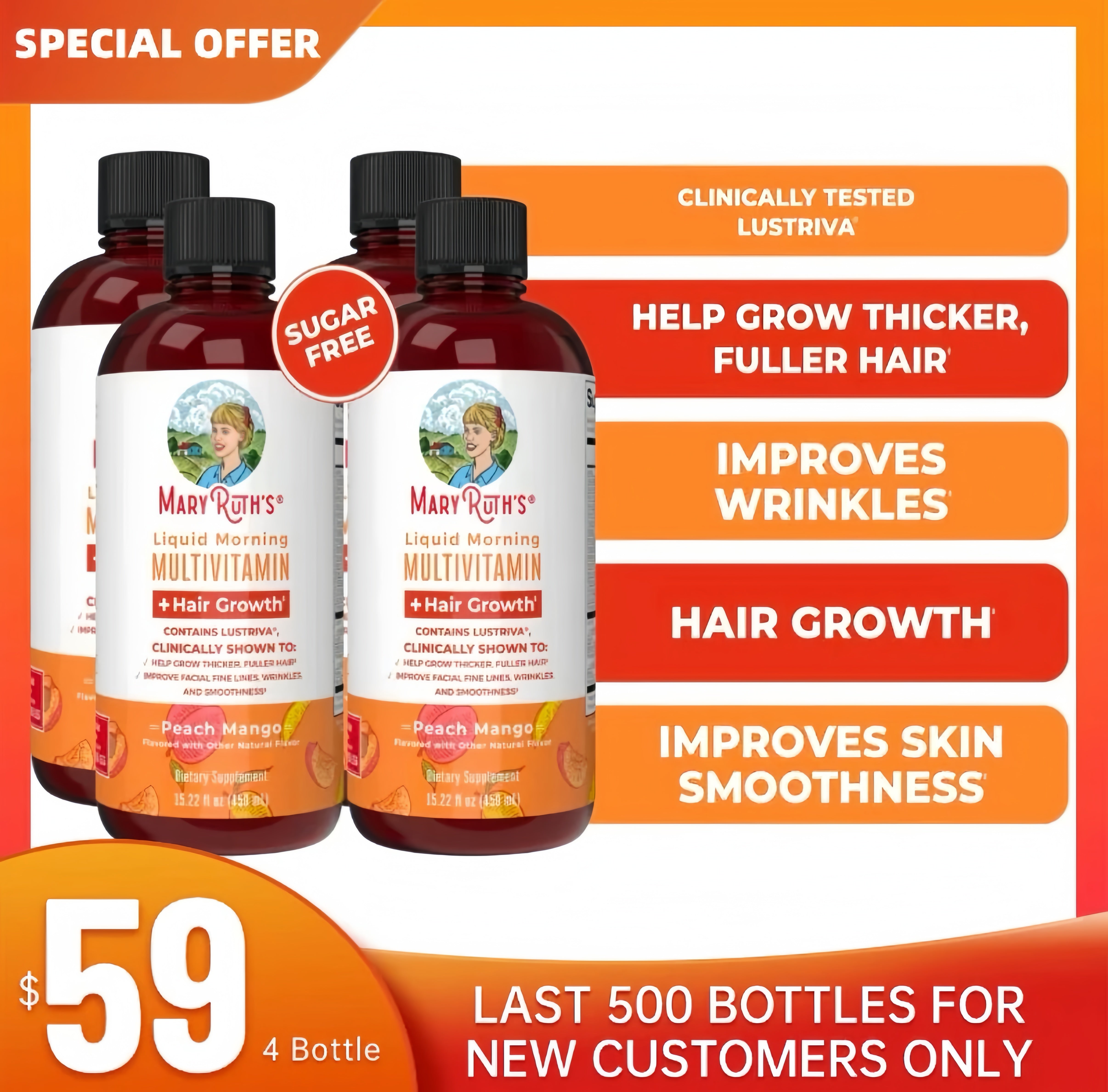 MaryRuth's Morning Multivitamin + Hair Growth,450ml Mango(New User Offer)