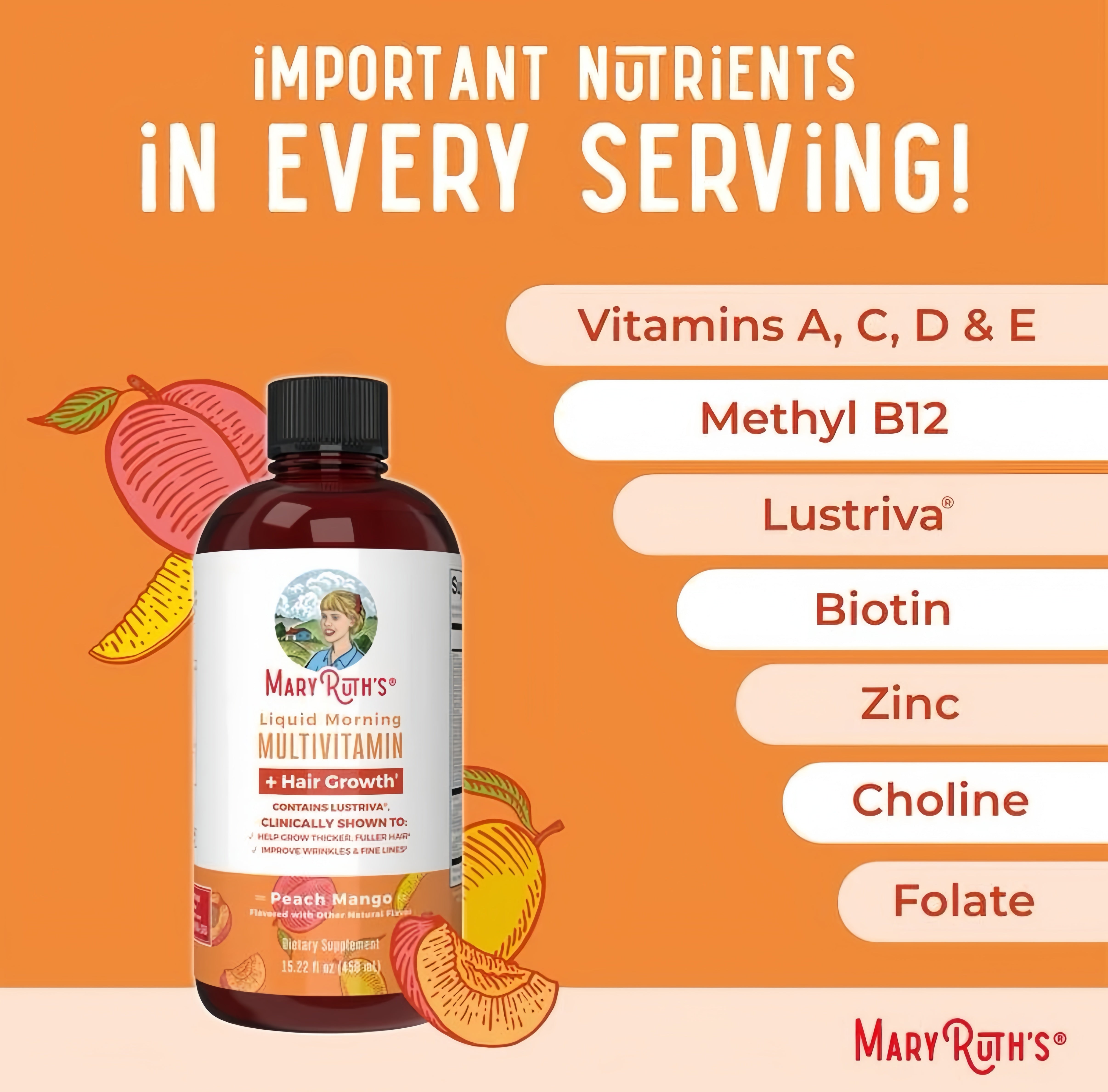 MaryRuth's Morning Multivitamin + Hair Growth,450ml Mango(New User Offer)