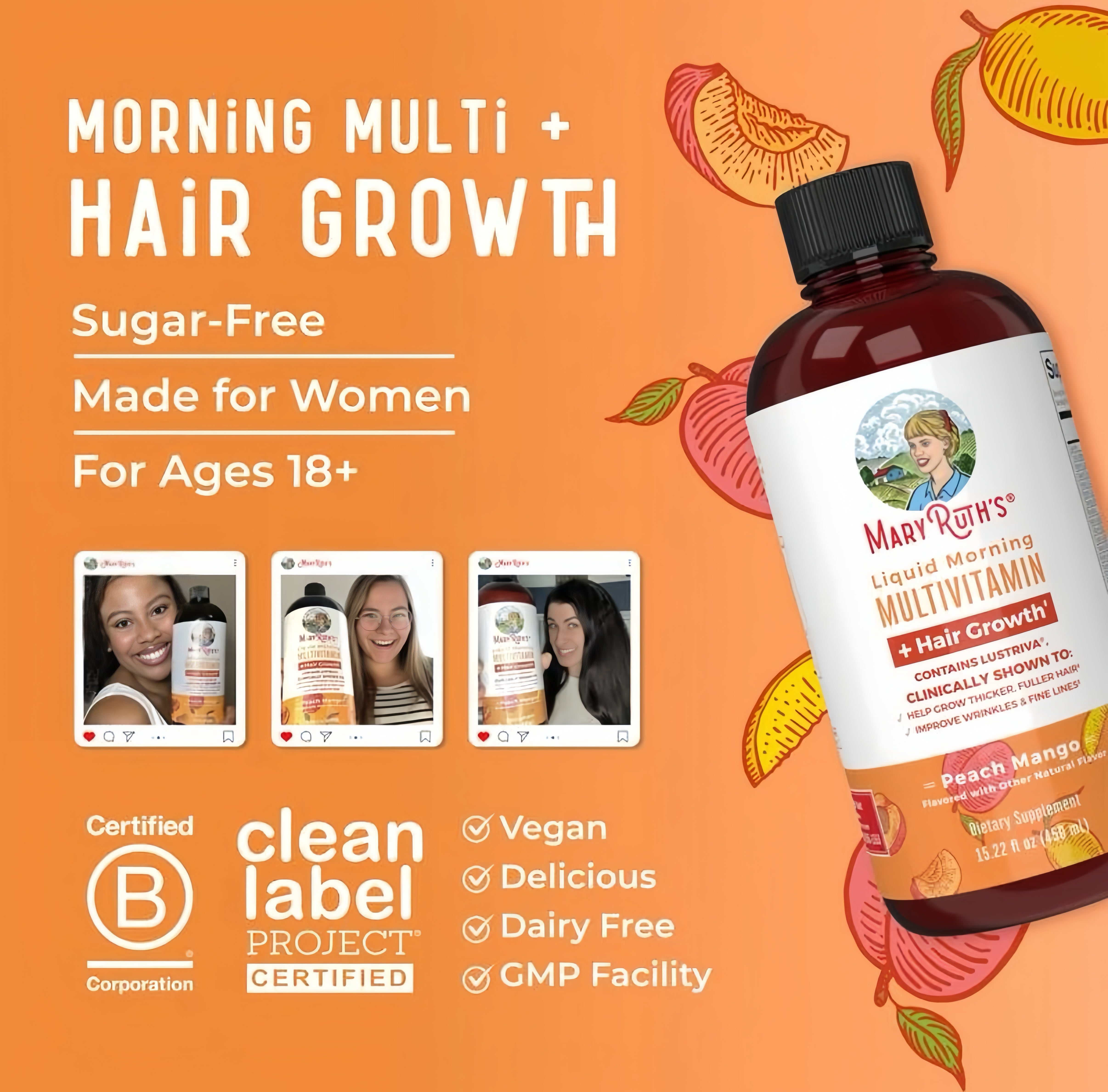 MaryRuth's Morning Multivitamin + Hair Growth,450ml Mango(New User Offer)
