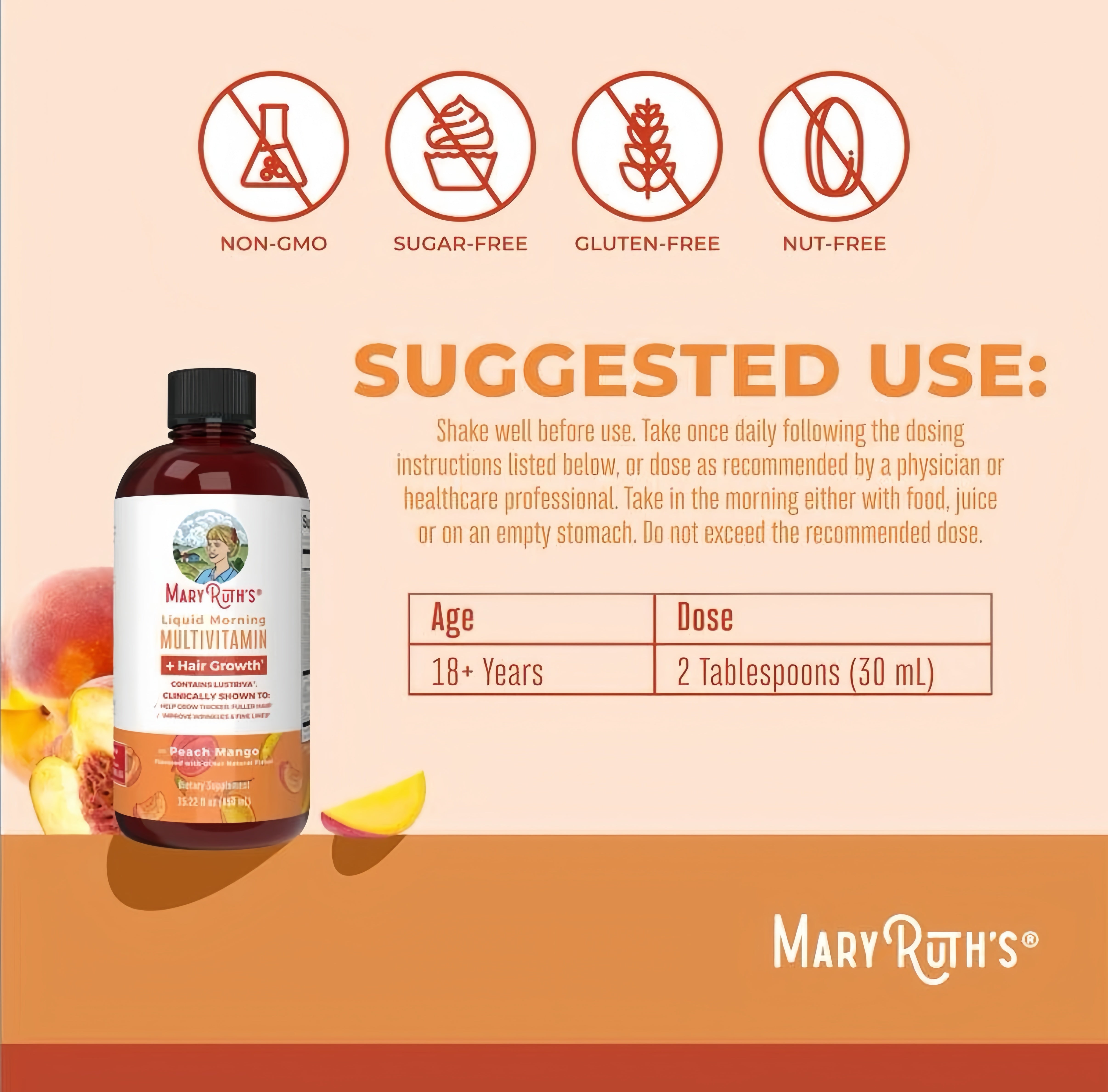 MaryRuth's Morning Multivitamin + Hair Growth,450ml Mango(New User Offer)
