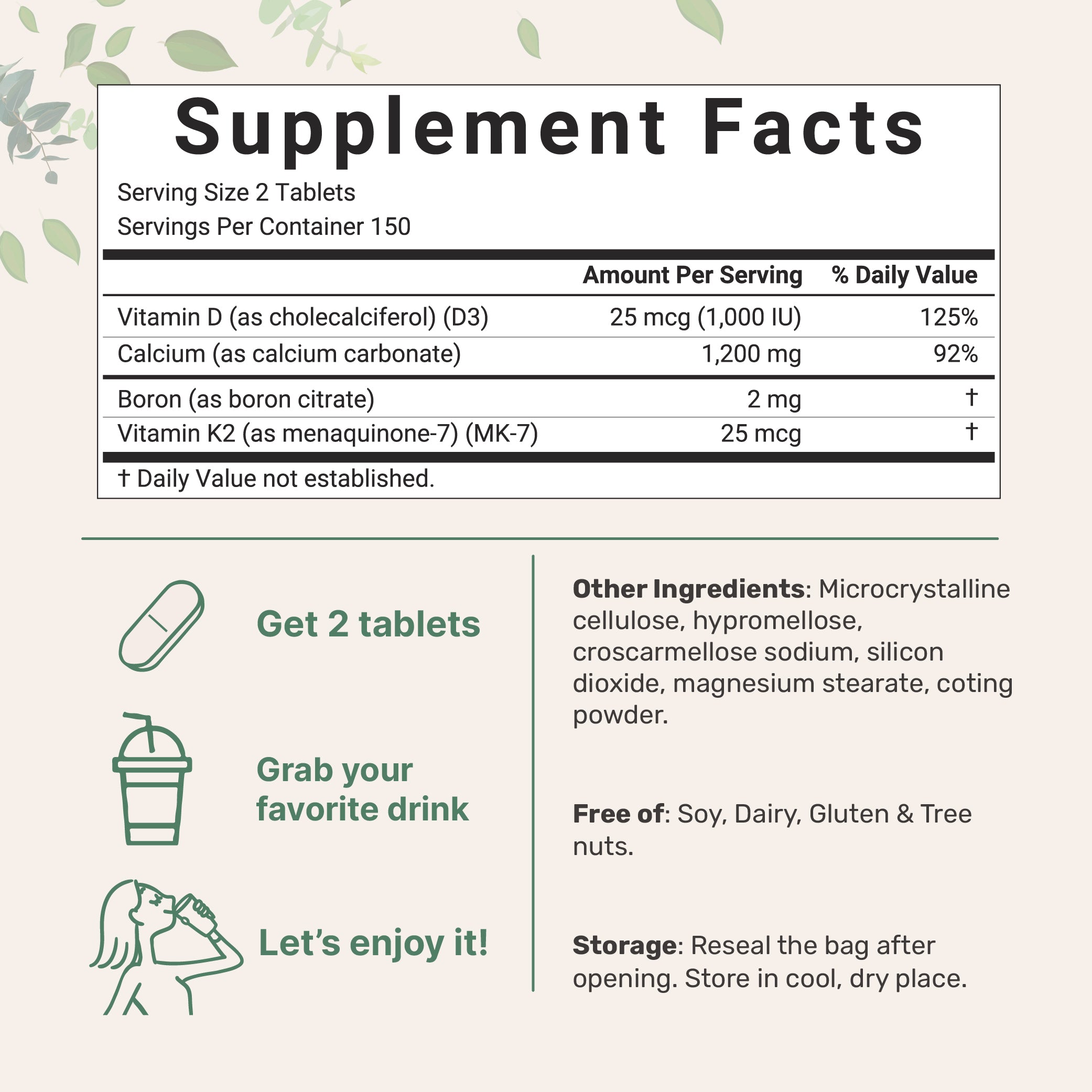 Micro Ingredients Calcium 1,200 mg with Vitamin D3 Plus K2 (MK-7) & Boron, 300 Tablets