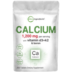 Micro Ingredients Calcium 1,200 mg with Vitamin D3 Plus K2 (MK-7) & Boron, 300 Tablets